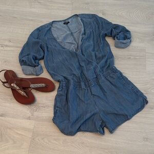 LOFT Light Blue Chambray Wrap Jumpsuit